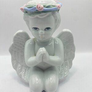 Vintage Porcelain Praying Kneeling Angel Figurine with Blue Floral Crown